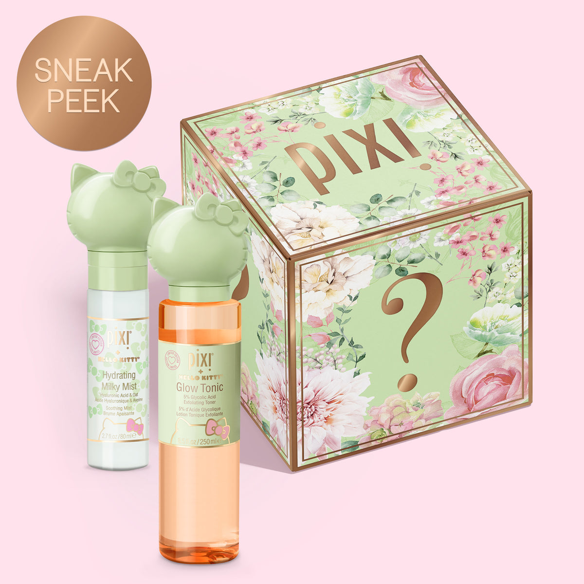 A floral Mystery Bundle box shown on a pink background with a Sneak Peek sticker along with Pixi + Hello Kitty Glow Tonic & Hydrating Milky Mist