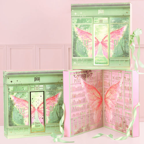 12 Days of Glow Discovery Calendar shown open and closed side-by-side and stacked on a pink background view 1