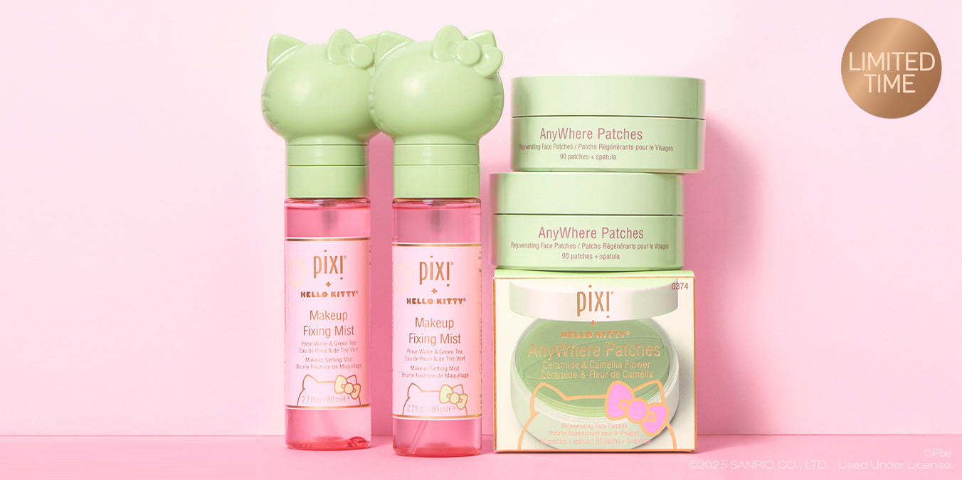 Limited Time: Pixi + Hello Kitty Makeup Fixing Mist and AnyWhere Patches on a pink background