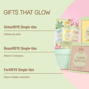 Gifts that Glow - DetoxifEYE Single-Use Caffeine de-puffs. BeaitufEYE Single-Use Vitamin-C energizes. FortifEYE Single-Use Acacia Collagen volumizes.