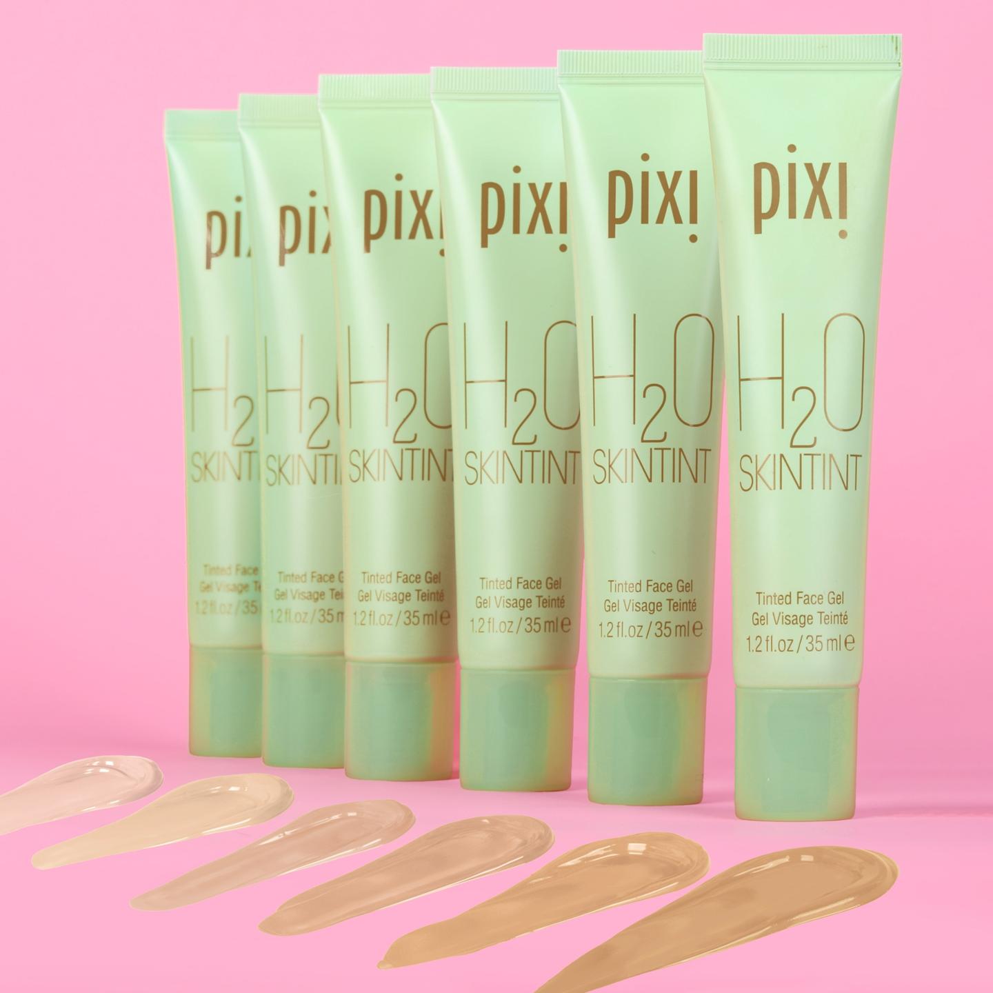 Pixi H2O Skintint tubes on a pink background view of light shades