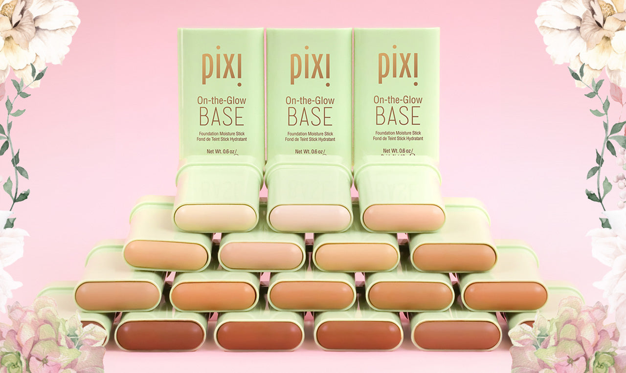 On-the-Glow Base in all shades on a pink background