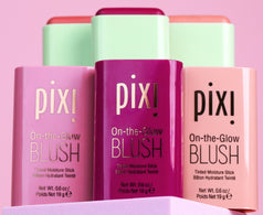 New Shades of On-the-Glow BLUSH shown on a pink background