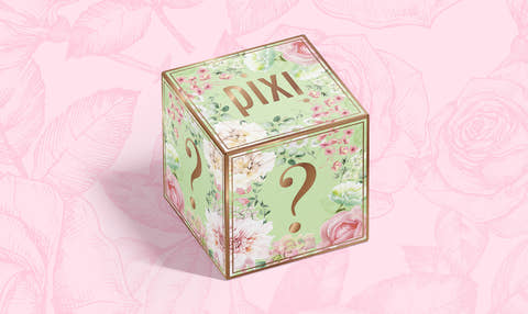 A pink Mystery Bundle box shown on a pink background 