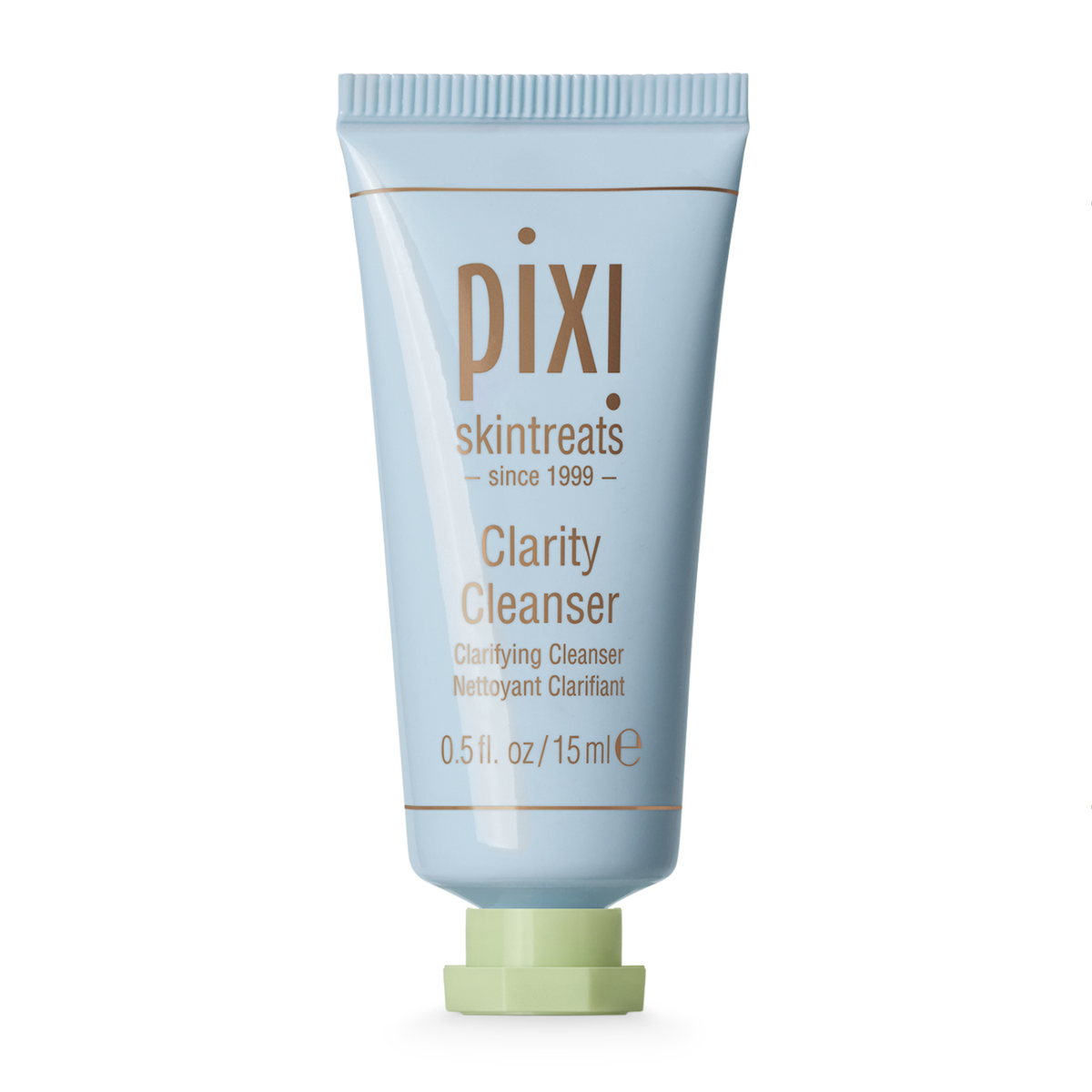 Pixi Skintreats Clarity Cleanser shown as a light blue squeeze tube with a pale green cap next to its matching light green and gold outer box on a white background.