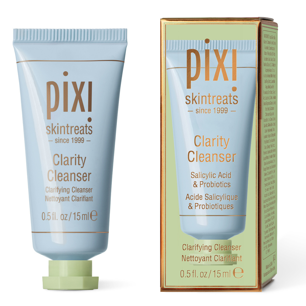Pixi Skintreats Clarity Cleanser shown as a light blue squeeze tube with a pale green cap next to its matching light green and gold outer box on a white background.
