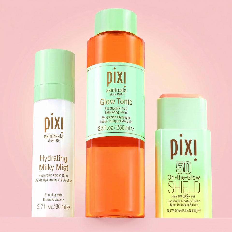 Pixi skincare products including Hydrating Milky Mist, Glow Tonic, and On-the-Glow Shield on a pink background view 1