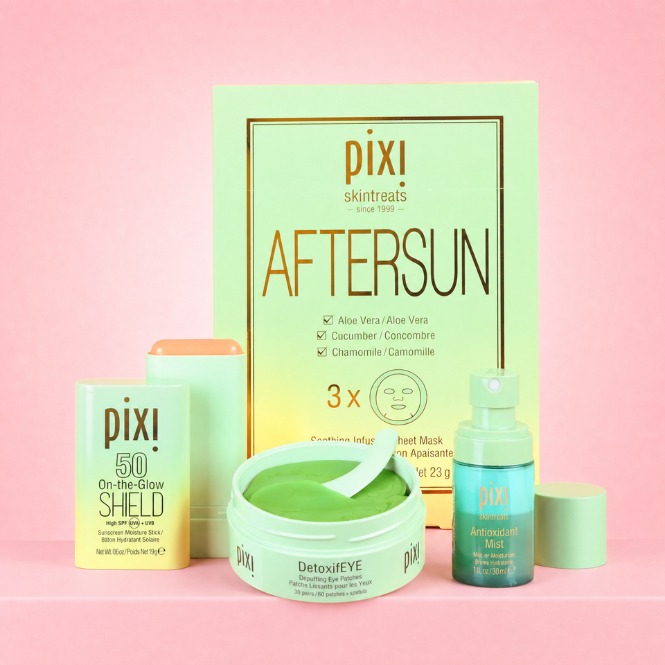 Bundle shown on a pink background featuring On-the-Glow SHIELD SPF 50, Aftersun Sheet Masks, DeotxifEYE Patches, and Petitie Antioxidant Mist view 1